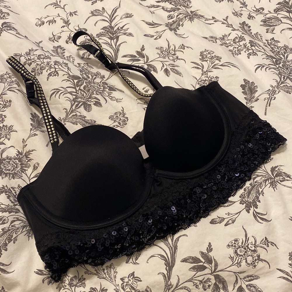 PINK Victoria’s Secret Black Sequined Bustier Bra Removable Rhinestone Straps
